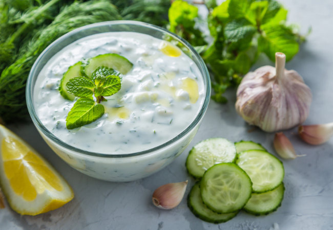 Tzatziki is a bowl with ingredients