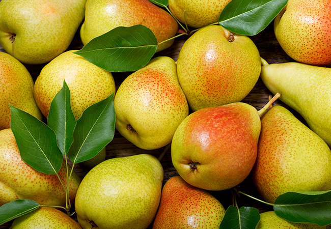 fresh autumn pears with leaves, top view