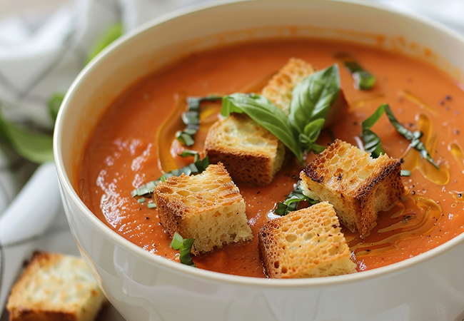 Creamy tomato soup with crispy croutons on top