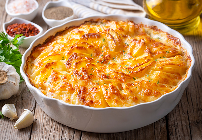 Potato gratin (baked potatoes with cream and cheese) .