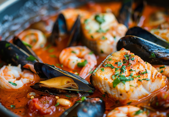 A seafood cioppino with a mix of fish, shrimp, clams, and mussels in a tomato-based broth