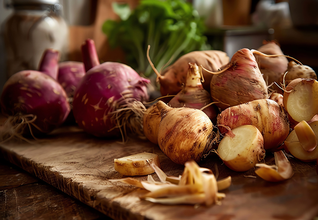 Freshly harvested root vegetables, including turnips and rutabagas, placed on a rustic wooden cutting board in a cozy kitchen setting.