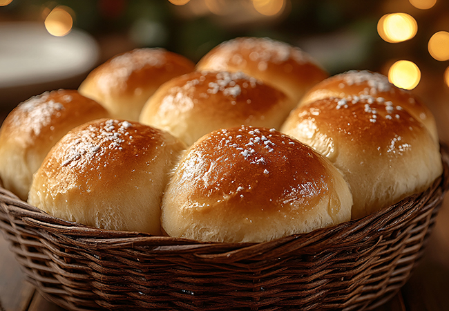 Warm basket of freshly baked dinner rolls