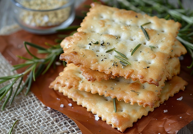 Pile of Homemade crackers with rosemary