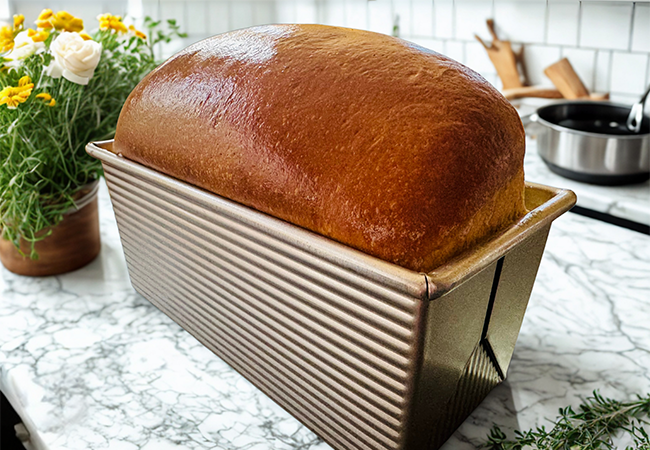 Golden loaf of homemade sandwich bread sitting on counter.