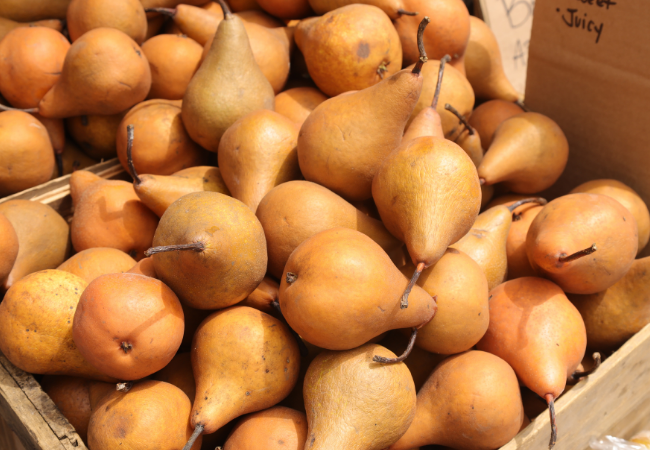 Pears Highlight box of ripe pears at the farmers market