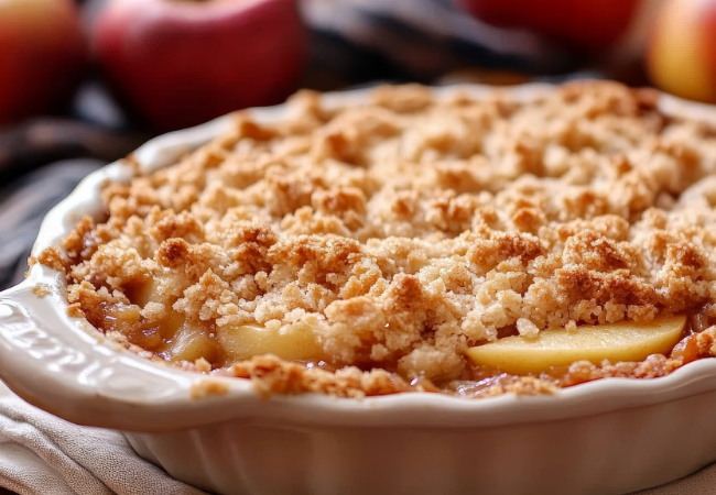 apple crisp baked in a white oval dish