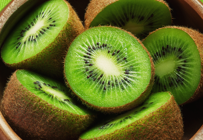 Kiwi fruit in a wooden bowl.