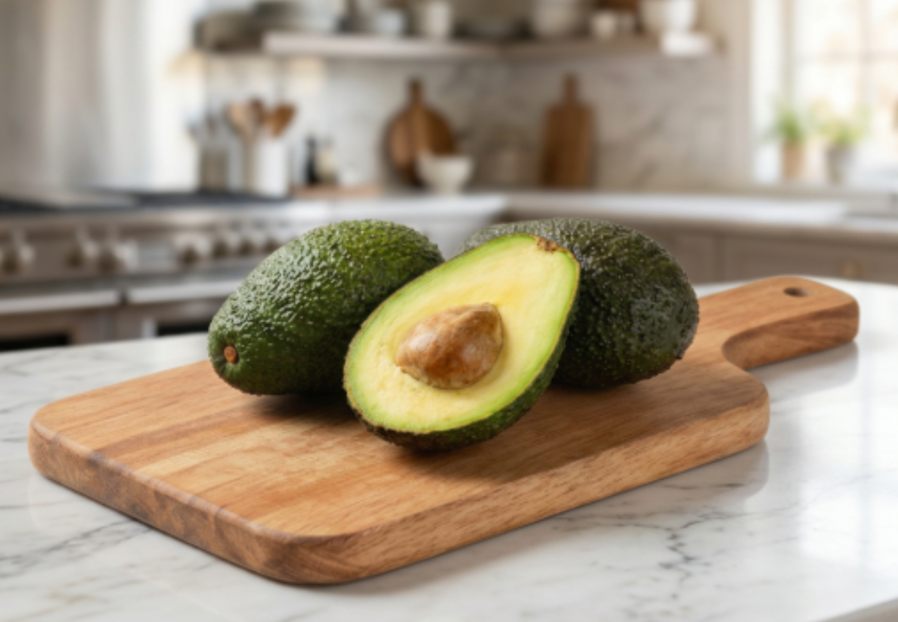 Freshly sliced, perfectly ripe Hass avocado on a cutting board