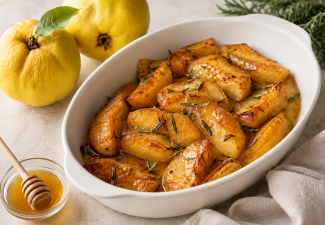 Roasted Quince with honey and rosemary