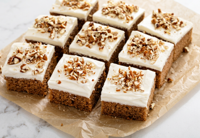freshly baked tomato spice cake cut into squares