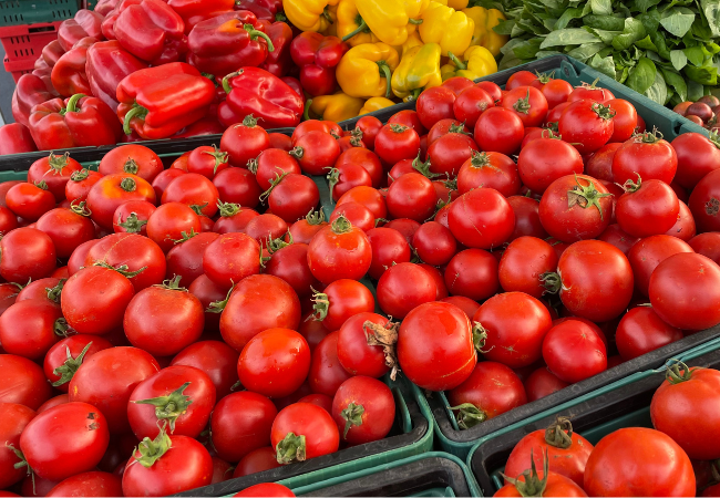 Late summer tomatoes at Borba Family Farms stand at Aptos Farmers Market.