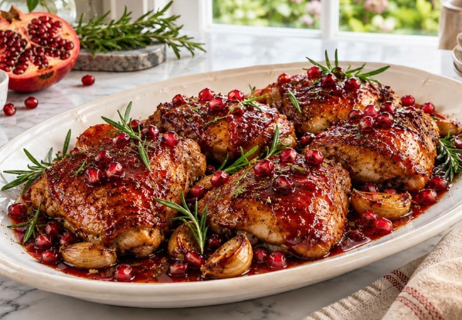 Platter of pomegranate glazed roasted chicken