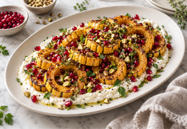 Roasted delicata squash with feta Roasted delicata squash with feta, pistachios, and pomegranates