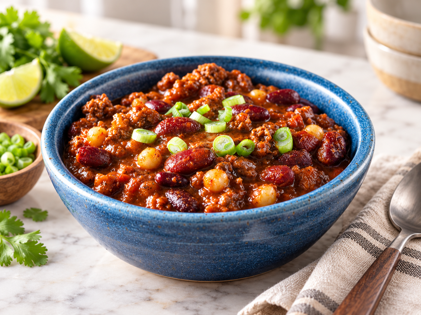 Rustic bowl of chili with chipotle and hominy.