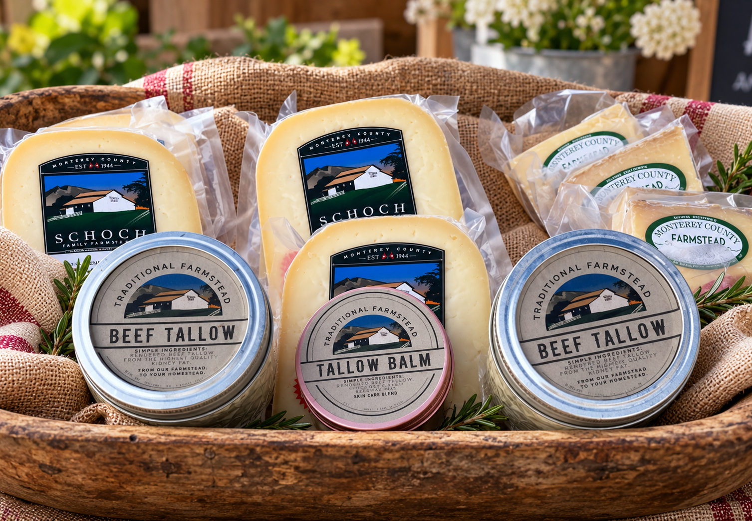 Schoch Family Farmstead beef tallow and cheese display at the farmers market.